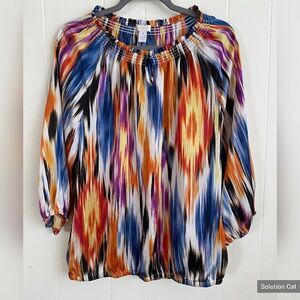 Chico’s Blouse Women’s 8 Orange Blue Multicolored Abstract Geometric Boho